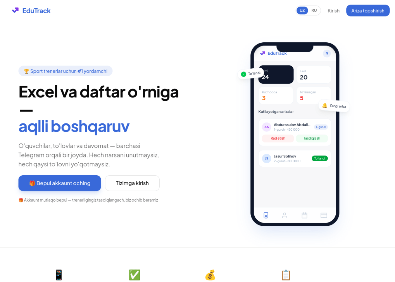 EduTrack — ustozlar uchun to'lov CRM